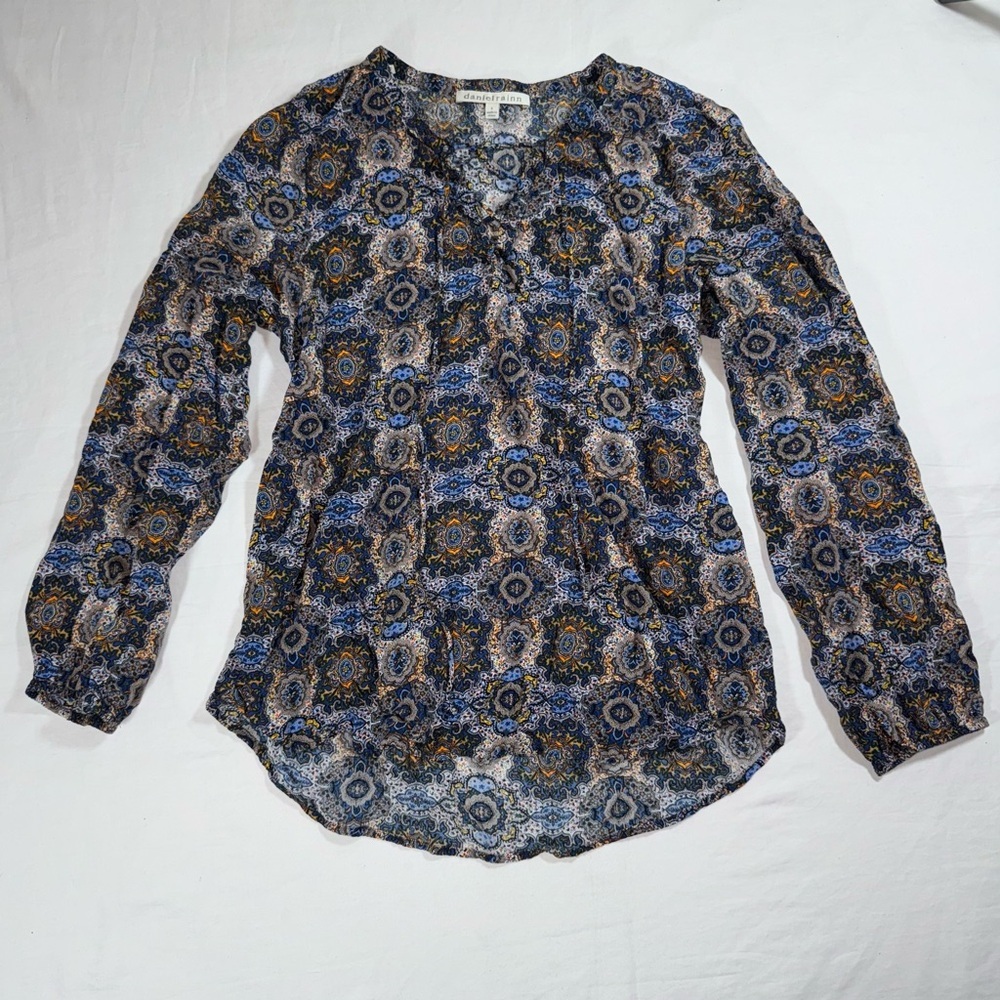 Boho Blue Medallion Paisley Lace Up Blouse Daniel‎ Rainn Women's Small